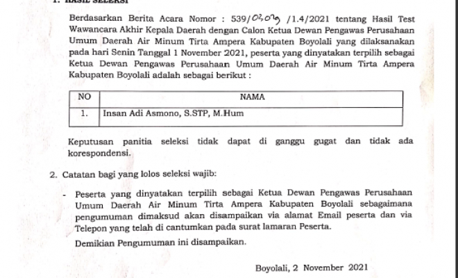 Pengumuman Seleksi Wawancara Dewas Pudam TIRTA AMPERA KABUPATEN BOYOLALI